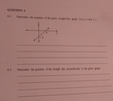 6.1 Determine the equation of the given strsight-line graph. Use y=mx+c
_ 
_ 
_ 
_ 
6.2 Determine the gradient of the straight line perpendicular to the given graph. 
_ 
_ 
_ 
_