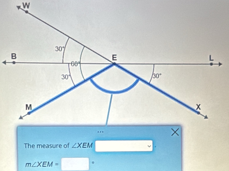 The measure of ∠ XEM
m∠ XEM=
。