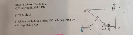 Cho hình 2 
a) Chứng minh AMparallel DN a
M x
A 40°
b) Tính widehat ADN
c) Chứng minh đường thẳng OC là đường trung trực 
của đoạn thằng AD
y 130° N
C Hình 2