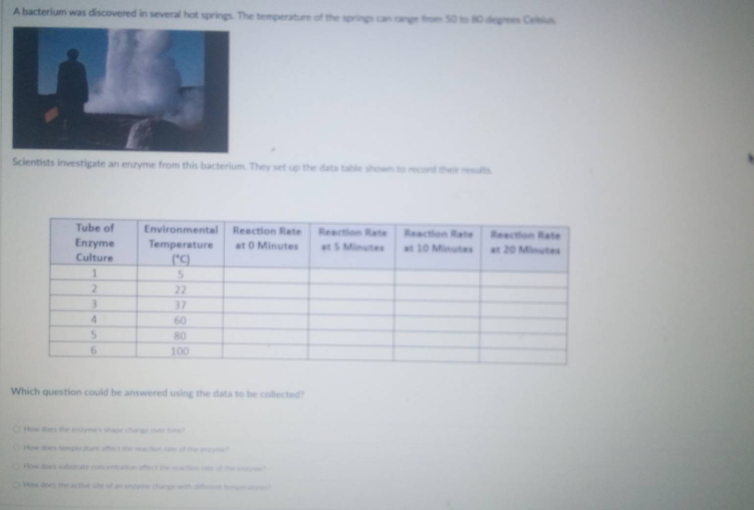 A bacterium was discovered in several hot springs. The temperature of the springs can cange from 50 to 80 degres Cehiun.
Scientists investigate an enzyme from this bacterium. They set up the data table shown to record their resull
Which question could be answered using the data to be collected?
How daes the enzyme's shape change over tine?
How does temperatur affect the neaction rate of the encyme
How does substrate concentration affect the eaction rair of the entyme"
How does the active site of an enzyme change with different temporatunes?