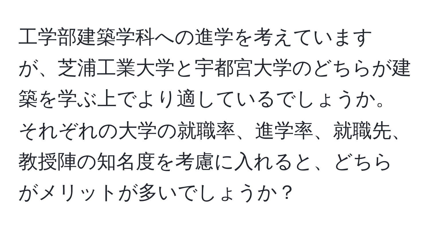 工学部建築学科への進学を考えていますが、芝浦工業大学と宇都宮大学のどちらが建築を学ぶ上でより適しているでしょうか。それぞれの大学の就職率、進学率、就職先、教授陣の知名度を考慮に入れると、どちらがメリットが多いでしょうか？