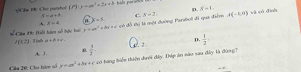 Cho parabol (P): y=ax^2+2x+b bit parabot do
D. S=1.
S=a+b.
C. S=2.
A. S=4. B. S=5. 
* Câu 19: Biết hàm số bậc hai y=ax^2+bx+c có đồ thị là một dường Parabol đi qua điểm A(-1;0)
và có đỉnh
I(1;2). Tính a+b+c.
D.  1/2 .
A. 3.
B.  3/2 .
2. 2.
Câu 20; Cho hàm số y=ax^2+bx+c có bảng biến thiên dưới đây. Đáp án nào sau đây là đúng?
-∞