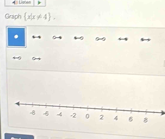 Listen 
Graph  x|x!= 4.