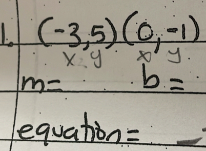 (-3,5)(0,-1)
x=y
m=
b=
equation: