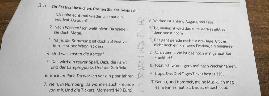 a Ein Festival besuchen. Ordnen Sie das Gespräch.
1. Ich habe echt mal wieder Lust auf ein
Festival. Du auch? A Wacken ist Anfang August, drei Tage.
2. Nach Wacken? Ich weiß nicht. Da spielen B/T a, vielleicht wird das zu teuer. Was gibt es
sie doch Metal. denn sonst noch?
3. Na ja, die Stimmung ist doch auf Festivals C Das geht gerade noch für drei Tage. Gibt es
immer super. Wann ist das?
nicht noch ein kleineres Festival, ein billigeres?
D Ach, stimmt. Wo ist das noch mal genau? Bei
4. Und was kosten die Karten? Frankfurt?
5. Das wird ein teurer Spaß. Dazu die Fahrt
und der Campingplatz. Und die Getränke. E Total. Ich würde gern mal nach Wacken fahren.
6. Rock im Park. Da war ich vor ein paar Jahren. _F Upps. Das Drei-Tages-Ticket kostet 220!
7. Nein, in Nürnberg. Da wohnen auch Freunde Genau, und Hardrock, meine Musik. Ich mag
von mir. Und die Tickets, Moment! 149 Euro. _es, wenn es laut ist. Das ist einfach cool.