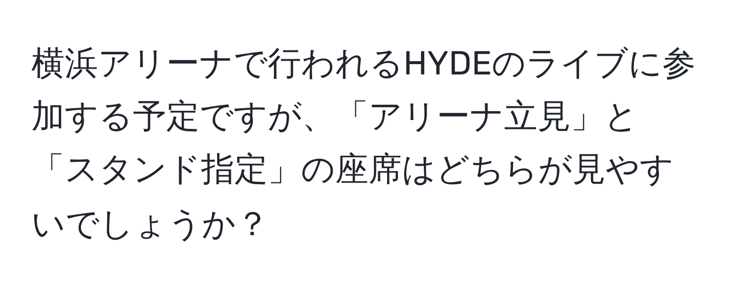 横浜アリーナで行われるHYDEのライブに参加する予定ですが、「アリーナ立見」と「スタンド指定」の座席はどちらが見やすいでしょうか？