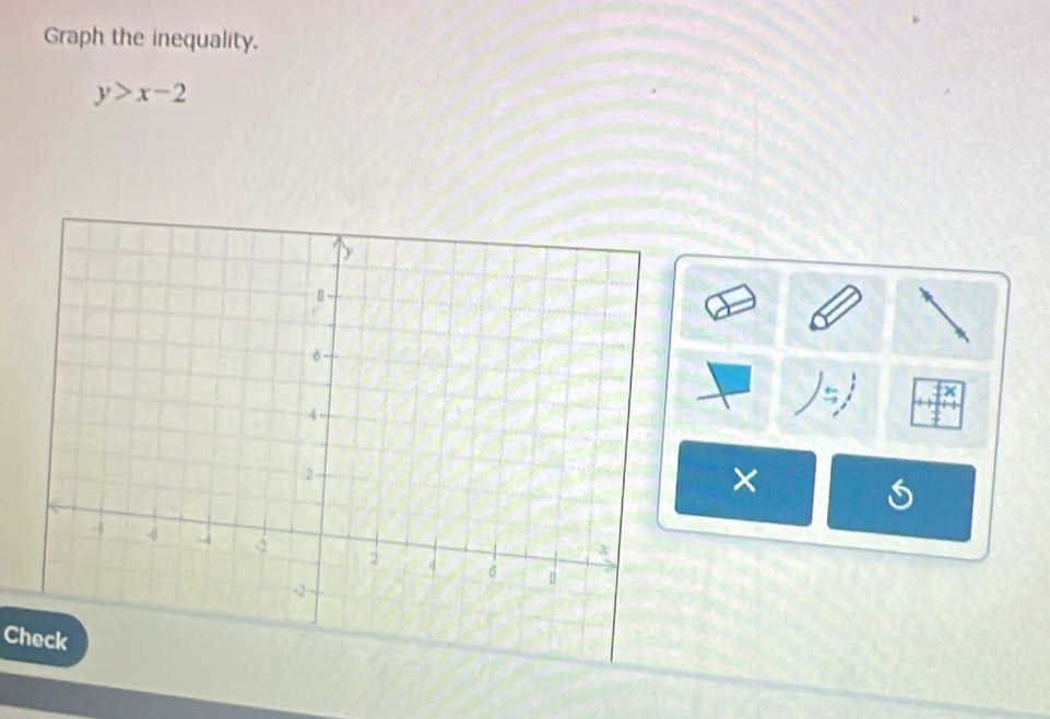 Graph the inequality.
y>x-2
5
× 
Check