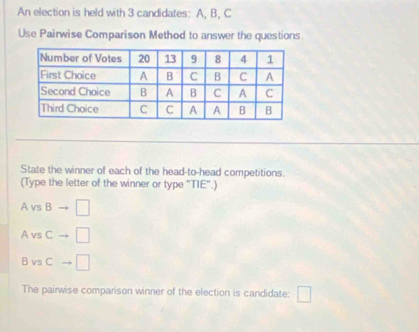 An election is held with 3 candidates: A, B, C
Use Pairwise Comparison Method to answer the questions. 
State the winner of each of the head-to-head competitions. 
(Type the letter of the winner or type "TIE".) 
Avs Bto □
A, 5 Cto □
B vs Cto □
The pairwise comparison winner of the election is candidate: □