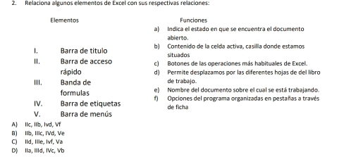 Relaciona algunos elementos de Excel con sus respectivas relaciones:
Elementos Funciones
a) Indica el estado en que se encuentra el documento
abierto.
1. Barra de titulo b) Contenido de la celda activa, casilla donde estamos
situados
Ⅱ. Barra de acceso c) Botones de las operaciones más habituales de Excel.
rápido d) Permite desplazamos por las diferentes hojas de del libro
III. Banda de de trabajo.
formulas e) Nombre del documento sobre el cual se está trabajando.
IV. Barra de etiquetas f) Opciones del programa organizadas en pestañas a través
V. Barra de menús de ficha
A) IIc, IIb, Ivd, Vf
B) IIb, IlIc, IVd, Ve
C) Ild, Ille, Ivf, Va
D) IIa, IIId, IVc, Vb