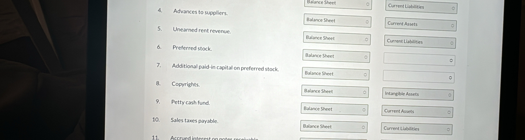 Balance Sheet Current Liabilities 
4. Advances to suppliers. 
Balance Sheet 。 Current Assets 
5. Unearned rent revenue. Balance Sheet Current Liabilities 
6. Preferred stock. Balance Sheet 。 
。 
7. Additional paid-in capital on preferred stock. Balance Sheet 
。 
8. Copyrights. Balance Sheet C Intangible Assets 
9. Petty cash fund. Balance Sheet 。 Current Assets 
10. Sales taxes payable. Balance Sheet Current Liabilities