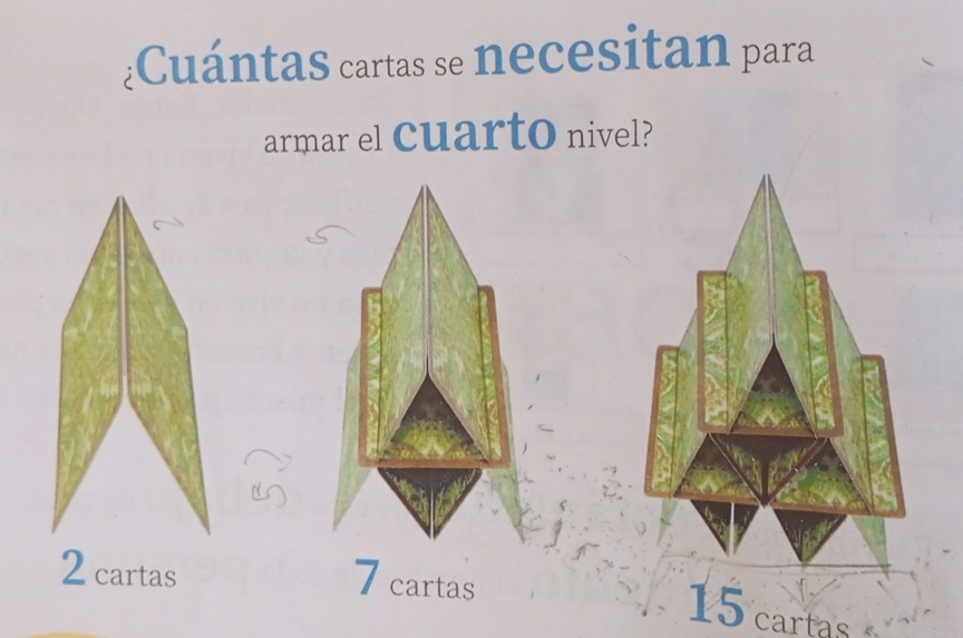 ¿Cuántas cartas se necesitan para
armar el cuarto nivel?
2 cartas
7 cartas
15 cartas