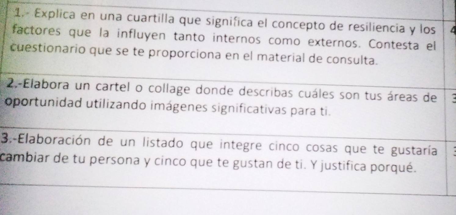 Explica en una cuartilla que significa el concepto de resiliencia y los 
factores que la influyen tanto internos como externos. Contesta el 
cuestionario que se te proporciona en el material de consulta. 
2. Elabora un cartel o collage donde describas cuáles son tus áreas de 
oportunidad utilizando imágenes significativas para ti. 
3. Elaboración de un listado que integre cinco cosas que te gustaría 
cambiar de tu persona y cinco que te gustan de ti. Y justifica porqué.