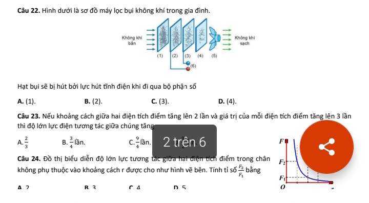 Hình dưới là sơ đồ máy lọc bụi không khí trong gia đình.
Hạt bụi sẽ bị hút bởi lực hút tĩnh điện khi đi qua bộ phận số
A. (1). B. (2). C. (3). D. (4).
Cầu 23. Nếu khoảng cách giữa hai điện tích điểm tăng lên 2 lần và giá trị của mỗi điện tích điểm tăng lên 3 lần
thì độ lớn lực điện tương tác giữa chúng tăng
A.  2/3  B.  3/4 lan. C.  9/4 lan. 2 trên 6 F
Câu 24. Đồ thị biểu diễn độ lớn lực tương tác giữa hai điện tích điểm trong chân F_2
không phụ thuộc vào khoảng cách r được cho như hình vẽ bên. Tính tỉ số frac F_2F_1 bằng
F_1
A. 7 R. 2 C. A D. 5 0