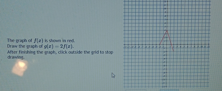 The graph of f(x) is shown in red.
Draw the graph of g(x)=2f(x). 
After finishing the graph, click outside the grid to stop
drawing.
12