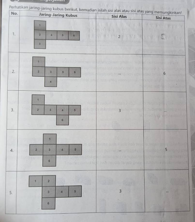 Perhatikan jaring-jaring kubus berikut, kemudian isilah sisi alas atau sisi ata
3
4
5