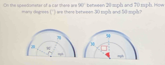 On the speedometer of a car there are 90° between 20 mph and 70 mph. How
many degrees (^circ ) are there between 30 mph and 50 mph?
50
30.
mph