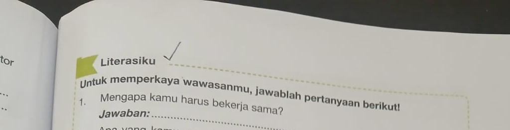 tor Literasiku 
_ 
_ 
_ 
Untuk memperkaya wawasanmu, jawablah pertanyaan berikut! 
1. Mengapa kamu harus bekerja sama? 
Jawaban: