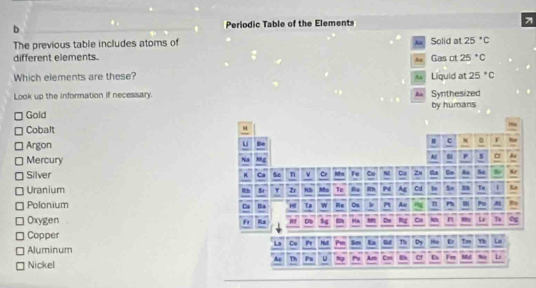 Periodic Table of the Elements 7 
The previous table includes atoms of Solid at 25°C
different elements. Gas ot 25°C
Which elements are these? Liquid at 25°C
Look up the information if necessary. Synthesized 
Aa 
Gold by humans 
Cobalt 
Argon 
Mercury 
Silver 
Uranium 
Polonium 
Oxygen 
Copper 
Aluminum 
Nickel