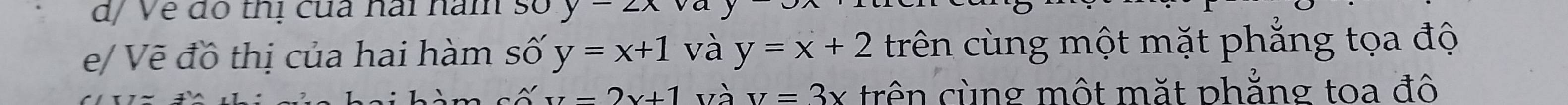 d/ Về đó thị của hai ham số y-2x va 
e/ Vẽ đồ thị của hai hàm số y=x+1 và y=x+2 trên cùng một mặt phẳng tọa độ
xz-2x+1 và v=3x trên cùng một mặt phẳng toa đô