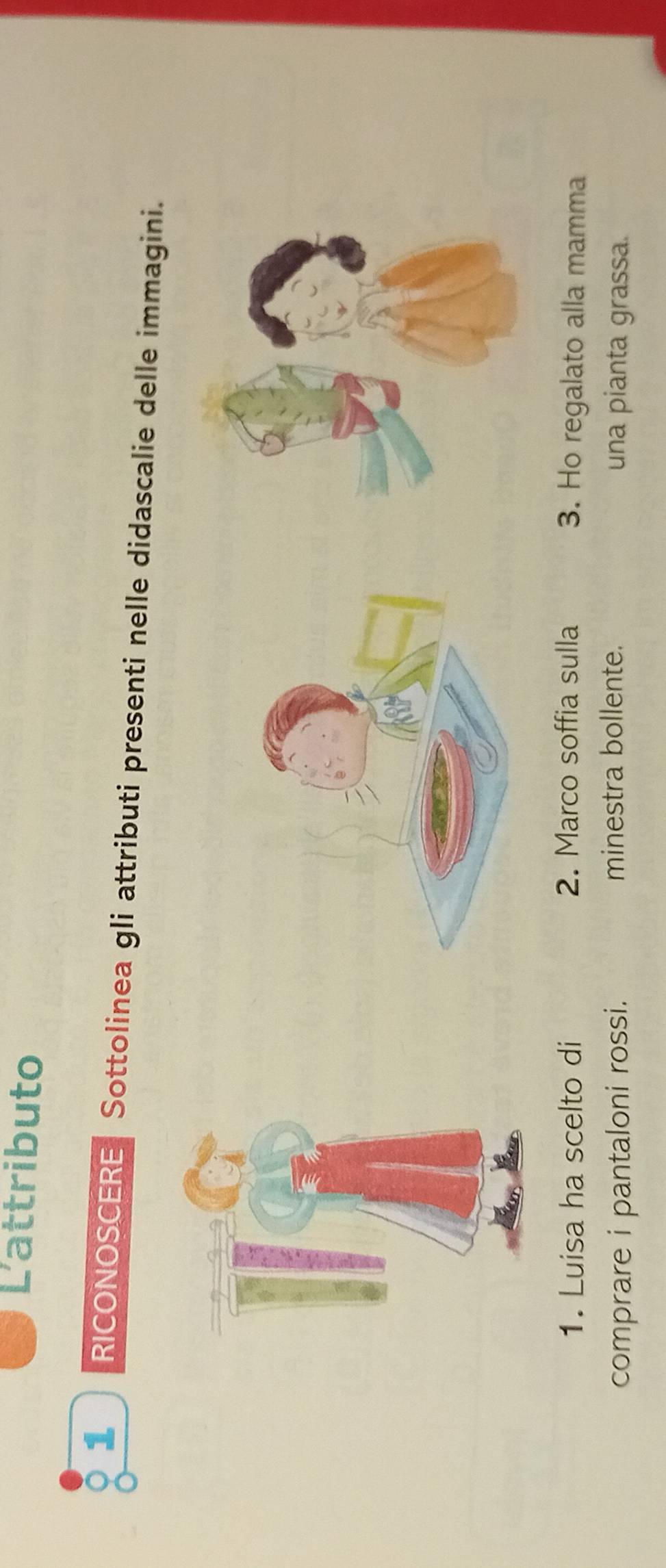 Lattributo 
1 RICONOSCERE Sottolinea gli attributi presenti nelle didascalie delle immagini. 
1. Luisa ha scelto di 2. Marco soffia sulla 3. Ho regalato alla mamma 
comprare i pantaloni rossi. minestra bollente. una pianta grassa.