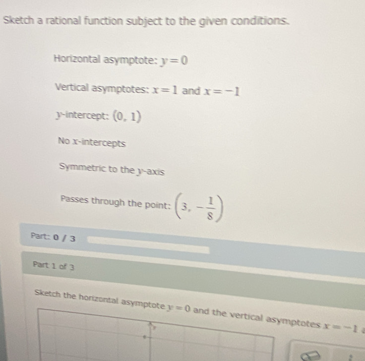 Sketch a rational function subject to the given conditions. 
Horizontal asymptote: y=0
Vertical asymptotes: x=1 and x=-1
y-intercept: (0,1)
No x-intercepts 
Symmetric to the y-axis 
Passes through the point: (3,- 1/8 )
Part: 0 / 3
Part 1 of 3 
Sketch the horizontal asymptote y=0 and the vertical asymptotes x=-1