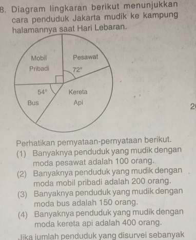 Diagram lingkaran berikut menunjukkan
cara penduduk Jakarta mudik ke kampung
halamannya saat Hari Lebaran.
2
Perhatikan pernyataan-pernyataan berikut.
(1) Banyaknya penduduk yang mudik dengan
moda pesawat adalah 100 orang.
(2) Banyaknya penduduk yang mudik dengan
moda mobil pribadi adalah 200 orang.
(3) Banyaknya penduduk yang mudik dengan
moda bus adalah 150 orang.
(4) Banyaknya penduduk yang mudik dengan
moda kereta api adalah 400 orang.
Jika jumlah penduduk yang disurvei sebanyak