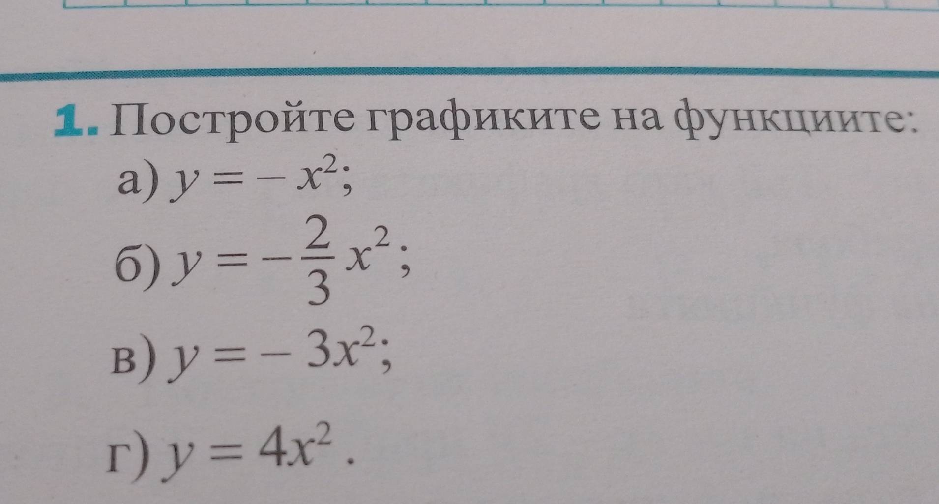 Πострοйτе графиκиτе на функиииτе: 
a) y=-x^2; 
6) y=- 2/3 x^2; 
B) y=-3x^2; 
r) y=4x^2.