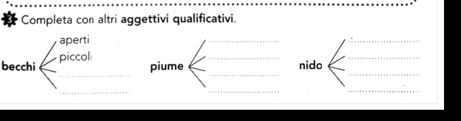 Completa con altri aggettivi qualificativi. 
aperti 
_ 
_ 
_ 
_ 
_ 
_ 
_ 
becchi piccoli 
piume nido 
_ 
_ 
_