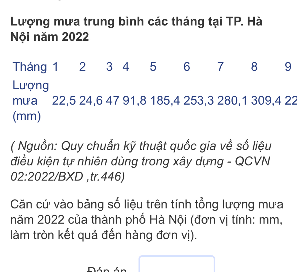 Lượng mưa trung bình các tháng tại TP. Hà 
Nội năm 2022
Tháng 1 2 3 4 5 6 7 8 9
Lượng 
mưa 22, 5 24, 6 47 91, 8 185, 4 253, 3 280, 1 309, 4 22
(mm) 
( Nguồn: Quy chuẩn kỹ thuật quốc gia về số liệu 
điều kiện tự nhiên dùng trong xây dựng - QCVN 
02:2022/BXD ,tr. 446) 
Căn cứ vào bảng số liệu trên tính tổng lượng mưa 
năm 2022 của thành phố Hà Nội (đơn vị tính: mm, 
làm tròn kết quả đến hàng đơn vị).