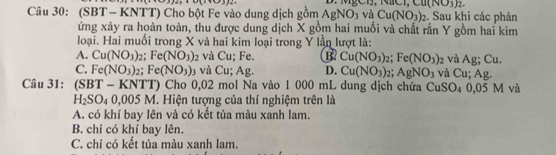 CI,Cu(NO_3)_2. 
Câu 30: (SBT - KNTT) Cho bột Fe vào dung dịch gồm AgNO_3 và Cu(NO_3)_2. Sau khi các phản
ứng xảy ra hoàn toàn, thu được dung dịch X gồm hai muối và chất rắn Y gồm hai kim
loại. Hai muối trong X và hai kim loại trong Y lần lượt là:
A. Cu(NO_3)_2; Fe(NO_3) 2 và Cu; Fe. B Cu(NO_3)_2;;Fe(NO_3)_2 và Ag; Cu.
C. Fe(NO_3)_2; Fe(NO_3)_3 và Cu; Ag. D. Cu(NO_3) : : AgNO_3 và Cu; Ag.
Câu 31: (SBT - KNTT) Cho 0,02 mol Na vào 1 000 mL dung dịch chứa CuSO_4 0,05 M và
H_2SO_40,005M. Hiện tượng của thí nghiệm trên là
A. có khí bay lên và có kết tủa màu xanh lam.
B. chỉ có khí bay lên.
C. chỉ có kết tủa màu xanh lam.