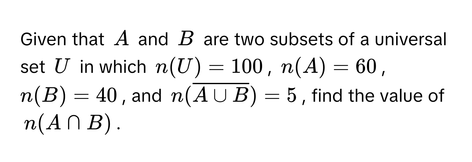 Given that $A$ and $B$ are two subsets of a universal set $U$ in which $n(U)=100$, $n(A)=60$, $n(B)=40$, and $n(overlineA∪ B)=5$, find the value of $n(A∩ B)$.