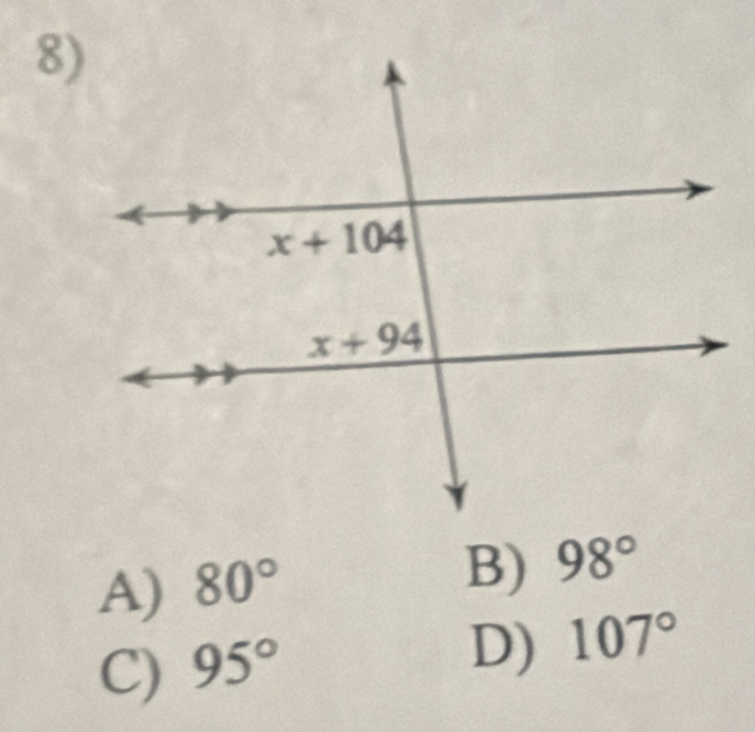 A) 80°
B) 98°
C) 95°
D) 107°