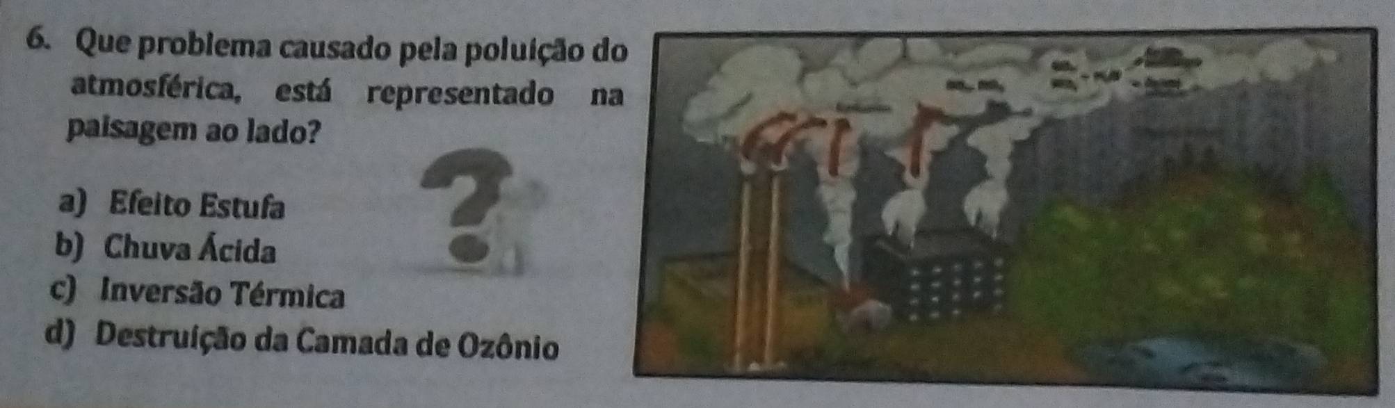 Que problema causado pela poluição
atmosférica, está representado 
paisagem ao lado?
a) Efeito Estufa
b) Chuva Ácida
?
c) Inversão Térmica
d) Destruíção da Camada de Ozônio