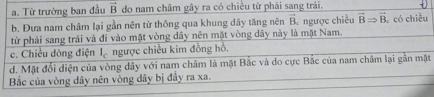 a. Từ trường ban đầu vector B do nam châm gây ra có chiều từ phải sang trái.
b. Đưa nam châm lại gần nên từ thông qua khung dây tăng nên vector B_c ngược chiều vector BRightarrow vector B 。 có chiều
từ phải sang trái và đi vào mặt vòng dây nên mặt vòng dây này là mặt Nam.
c. Chiều dòng điện I_C. ngược chiều kim đồng hồ.
d. Mặt đối diện của vòng dây với nam châm là mặt Bắc và do cực Bắc của nam châm lại gần mặt
Bắc của vòng dây nên vòng dây bị đầy ra xa.