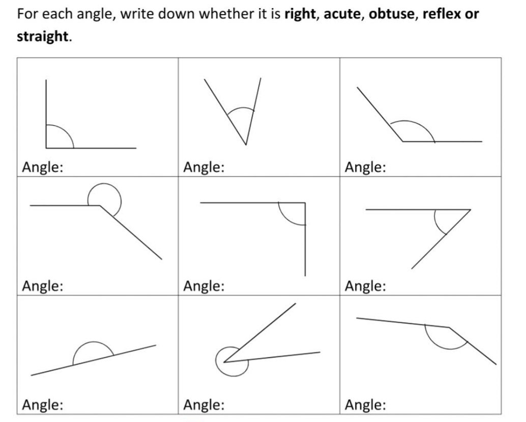 For each angle, write down whether it is right, acute, obtuse, reflex or
straight.
Angle: Angle: Angle: