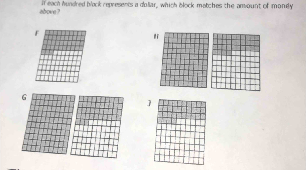 If each hundred block represents a dollar, which block matches the amount of money 
above ?
F
H
G
J