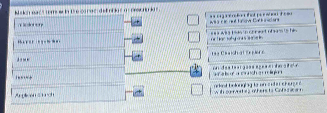 Match each term with the correct definition or description.
an organization that punished those
who did not follow Catholicism
missionary
Roman Inquisition one who tries to convert others to his 
or her religious beliefs 
Jesuil the Church of England
an idea that goes against the official
heresy beliets of a church or religion
priest belonging to an order charged 
with converting others to Catholicism
Anglican church