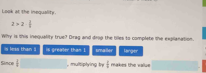 Look at the inequality.
2>2·  2/9 
Why is this inequality true? Drag and drop the tiles to complete the explanation.
is less than 1 is greater than 1 smaller larger
Since  2/9  , multiplying by  2/9  makes the value