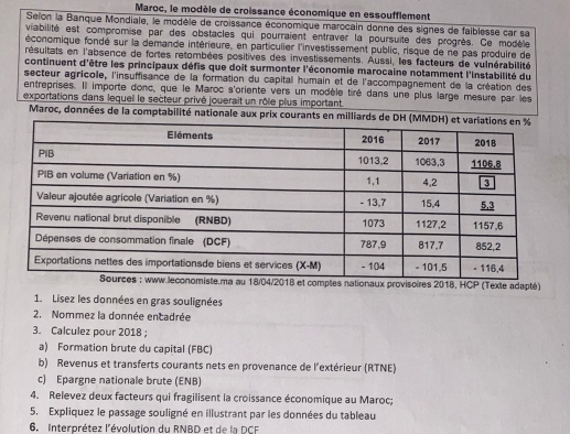 Maroc, le modèle de croissance économique en essoufflement 
Seïon la Banque Mondiale, le modèle de croissance économique marocain donne des signes de faiblesse car sa 
viabilité est compromise par des obstacles qui pourraient entraver la poursuite des progrès. Ce modèle 
économique fondé sur la demande intérieure, en particulier l'investissement public, risque de ne pas produire de 
résultats en l'absence de fortes retombées positives des investissements. Aussi, les facteurs de vulnérabilité 
continuent d'être les principaux défis que doît surmonter l'économie marocaine notamment l'instabilité du 
secteur agricolle, l'insuffisance de la formation du capital humain et de l'accompagnement de la création des 
entreprises. Il importe donc, que le Maroc s'oriente vers un modèle tiré dans une plus large mesure par les 
exportations dans lequel le secteur privé jouerait un rôle plus important. 
Maroc, données de la comptabilité nationale aux prix courants en mill 
, HCP (Texte adapté) 
1. Lisez les données en gras soulignées 
2. Nommez la donnée encadrée 
3. Calculez pour 2018; 
a) Formation brute du capital (FBC) 
b) Revenus et transferts courants nets en provenance de l'extérieur (RTNE) 
c) Epargne nationale brute (ENB) 
4. Relevez deux facteurs qui fragilisent la croissance économique au Maroc; 
5. Expliquez le passage souligné en illustrant par les données du tableau 
6. Interprétez l'évolution du RNBD et de la DCF