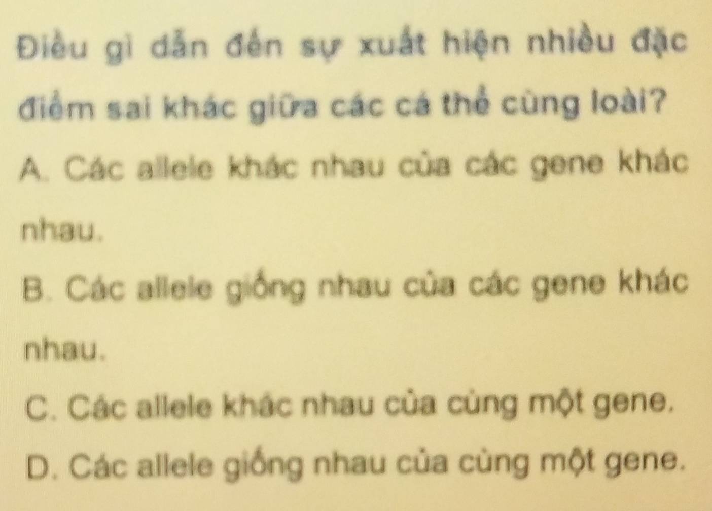 Điều gì dẫn đến sự xuất hiện nhiều đặc
điểm sai khác giữa các cá thể cùng loài?
A. Các allele khác nhau của các gene khác
nhau.
B. Các allele giống nhau của các gene khác
nhau.
C. Các allele khác nhau của cùng một gene.
D. Các allele giống nhau của cùng một gene.