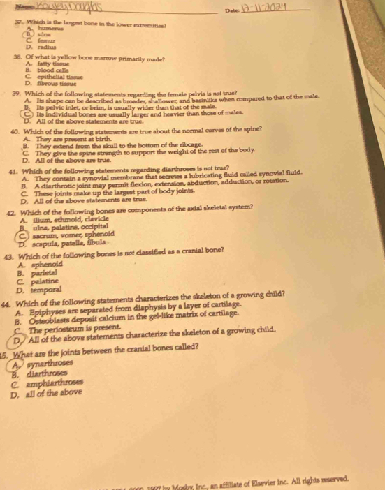 Name _Date:_
_ Which is the largest bone in the lower extremities?
B. ulna A. humerus
D. radius C. femur
38. Of what is yellow bone marrow primarily made?
A. fatty tissue B. blood cells
D. fibrous tissue C. epithelial tissue
39. Which of the following statements regarding the female pelvis is not true?
A. Its shape can be described as broader, shallower, and basinlike when compared to that of the male.
B. Its pelvic inlet, or brim, is usually wider than that of the male.
C Its individual bones are usually larger and heavier than those of males.
D. All of the above statements are true.
40. Which of the following statements are true about the normal curves of the spine?
A. They are present at birth.
B. They extend from the skull to the bottom of the ribcage.
C. They give the spine strength to support the weight of the rest of the body.
D. All of the above are true.
41. Which of the following statements regarding diarthroses is not true?
A. They contain a synovial membrane that secretes a lubricating fluid called synovial fluid.
B. A diarthrotic joint may permit flexion, extension, abduction, adduction, or rotation.
C. These joints make up the largest part of body joints.
D. All of the above statements are true.
42. Which of the following bones are components of the axial skeletal system?
A. ilium, ethmoid, clavicle
B. ulna, palatine, occipital
C.) sacrum, vomer, sphenoid
D. scapula, patella, fíbula
43. Which of the following bones is not classified as a cranial bone?
A. sphenold
B. parietal
C. palatine
D. temporal
44. Which of the following statements characterizes the skeleton of a growing child?
A. Epiphyses are separated from diaphysis by a layer of cartilage.
B. Osteoblasts deposit calcium in the gel-like matrix of cartilage.
C The periosteum is present.
D All of the above statements characterize the skeleton of a growing child.
15. What are the joints between the cranial bones called?
A synarthroses
B. diarthroses
C. amphiarthroses
D. all of the above
000,1997 by Mosby, Inc., an affiliate of Elsevier Inc. All rights reserved.