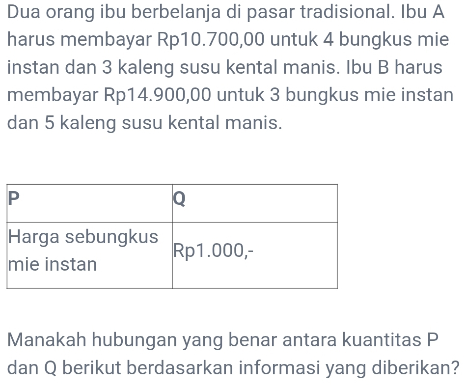 Dua orang ibu berbelanja di pasar tradisional. Ibu A 
harus membayar Rp10.700,00 untuk 4 bungkus mie 
instan dan 3 kaleng susu kental manis. Ibu B harus 
membayar Rp14.900,00 untuk 3 bungkus mie instan 
dan 5 kaleng susu kental manis. 
Manakah hubungan yang benar antara kuantitas P
dan Q berikut berdasarkan informasi yang diberikan?