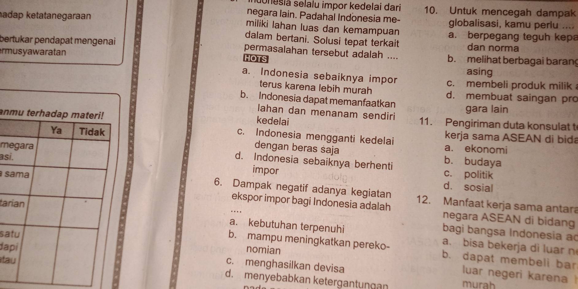 uonešia selalu impor kedelai dari 10. Untuk mencegah dampak
negara lain. Padahal Indonesia me-
hadap ketatanegaraan globalisasi, kamu perlu ....
miliki lahan luas dan kemampuan
a. berpegang teguh kepa
bertukar pendapat mengenai
dalam bertani. Solusi tepat terkait dan norma
rmusyawaratan
permasalahan tersebut adalah .... b. melihat berbagai baran
HOTS
asing
a. Indonesia sebaiknya impor
c. membeli produk milik
terus karena lebih murah
d. membuat saingan pro
b. Indonesia dapat memanfaatkan
an
gara lain
lahan dan menanam sendiri 11. Pengiriman duta konsulat t
kedelai
c. Indonesia mengganti kedelai
kerja sama ASEAN di bida
a. ekonomi
m
dengan beras saja b. budaya
as
d. Indonesia sebaiknya berhenti
impor
s c. politik
d. sosial
6. Dampak negatif adanya kegiatan 12. Manfaat kerja sama antara
ekspor impor bagi Indonesia adalah
tar
negara ASEAN di bidang
a. kebutuhan terpenuhi
sa
bagi bangsa Indonesia ao
b. mampu meningkatkan pereko-
da
a. bisa bekerja di luar n
nomian
ta
b. dapat membeli bar
c. menghasilkan devisa
luar negeri karena
d. menyebabkan ketergantungan
murah