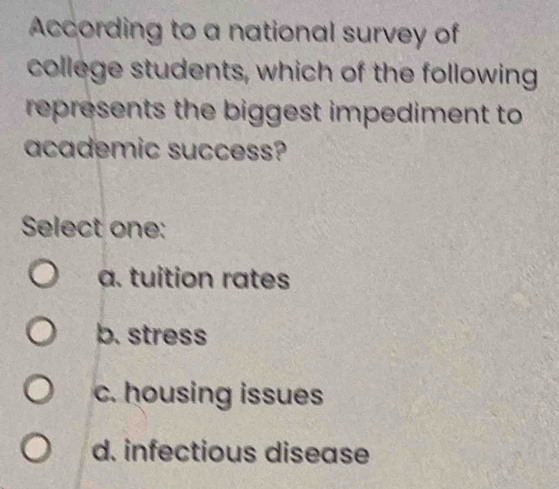 According to a national survey of
college students, which of the following
represents the biggest impediment to
academic success?
Select one:
a. tuition rates
b. stress
c. housing issues
d. infectious disease