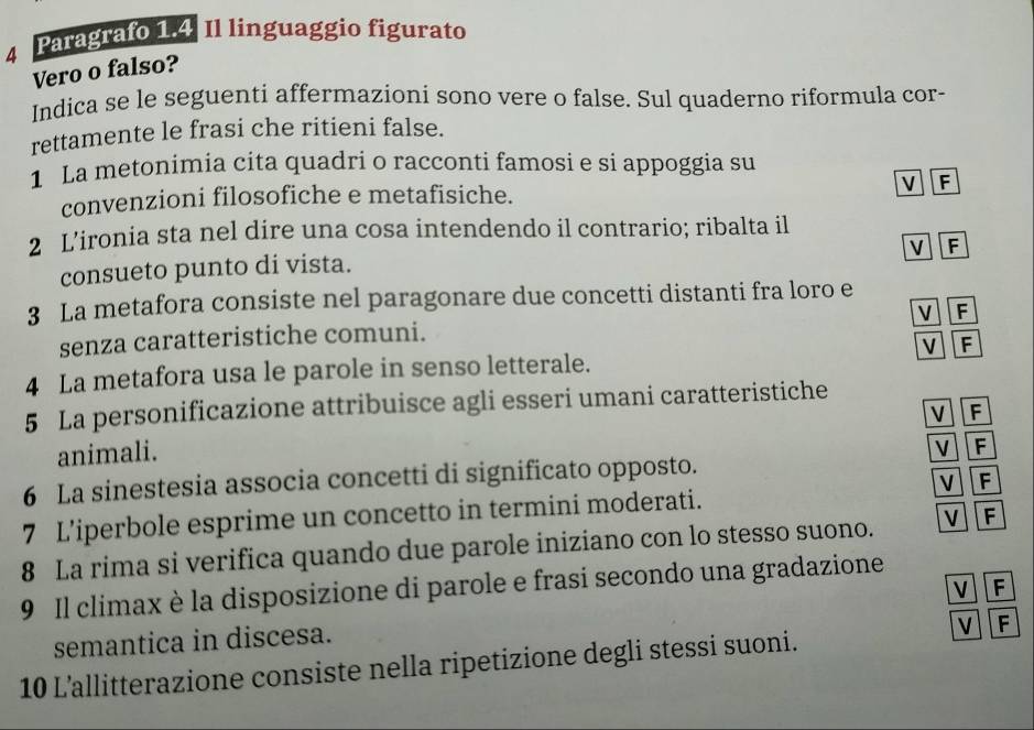 Paragrafo 1.4 Il linguaggio figurato
Vero o falso?
Indica se le seguenti affermazioni sono vere o false. Sul quaderno riformula cor-
rettamente le frasi che ritieni false.
1 La metonimia cita quadri o racconti famosi e si appoggia su
convenzioni filosofiche e metafisiche. V F
2 L’ironia sta nel dire una cosa intendendo il contrario; ribalta il
V F
consueto punto di vista.
3 La metafora consiste nel paragonare due concetti distanti fra loro e
F
senza caratteristiche comuni.
V F
4 La metafora usa le parole in senso letterale.
5 La personificazione attribuisce agli esseri umani caratteristiche
V F
animali.
V F
6 La sinestesia associa concetti di significato opposto.
V F
7 L’iperbole esprime un concetto in termini moderati.
8 La rima si verifica quando due parole iniziano con lo stesso suono. V F
F
9 Il climax è la disposizione di parole e frasi secondo una gradazione
semantica in discesa.
V F
10 L’allitterazione consiste nella ripetizione degli stessi suoni.