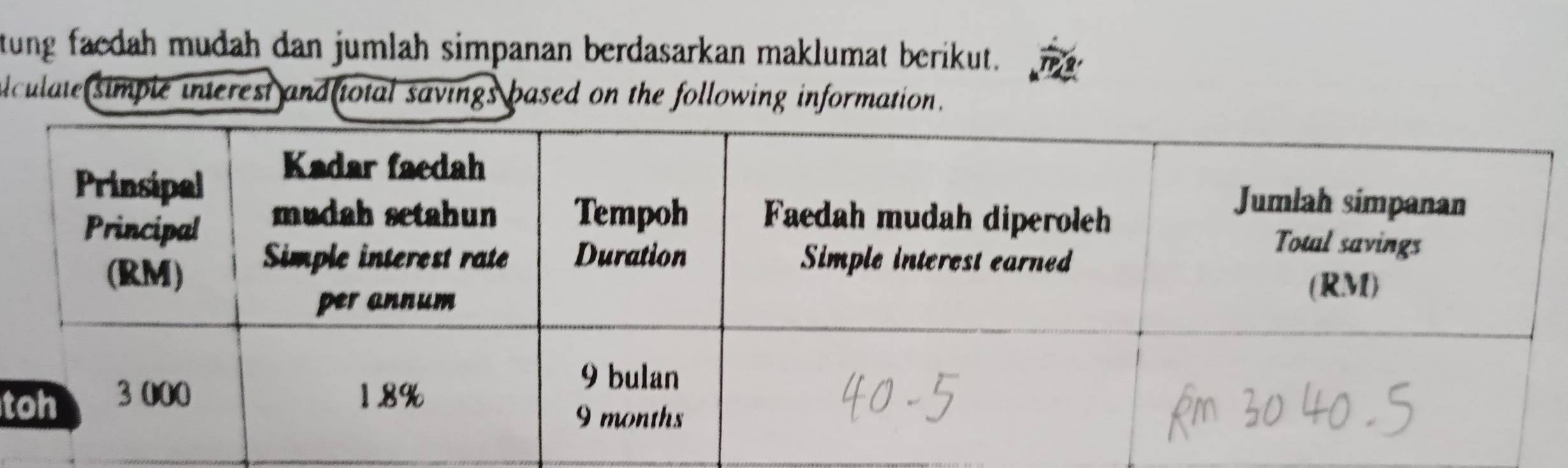 tung faedah mudah dan jumlah simpanan berdasarkan maklumat berikut. 
alculate simple interest and total savings based on the following information. 
t