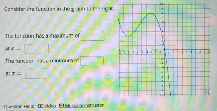 Consider the function in the graph to the right 
The function has a maximum of 
at x=
The function has a minimum of 
at x=
Question Help: Œ Video - Message instructor