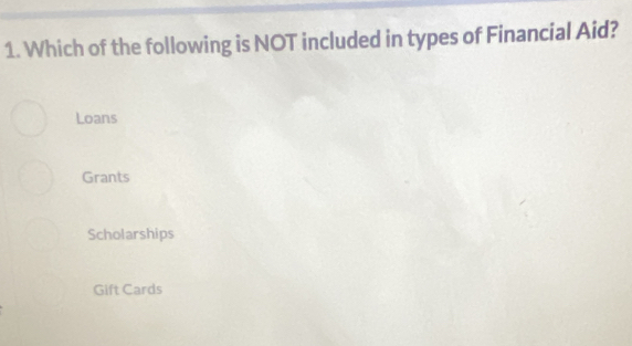 Which of the following is NOT included in types of Financial Aid?
Loans
Grants
Scholarships
Gift Cards