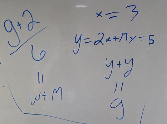 x=3
 (g+2)/6  y=2x+17x/ 5
w^(11)+M
y+y
11
g