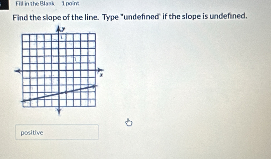 Fill in the Blank 1 point
Find the slope of the line. Type "undefned' if the slope is undefned.
positive